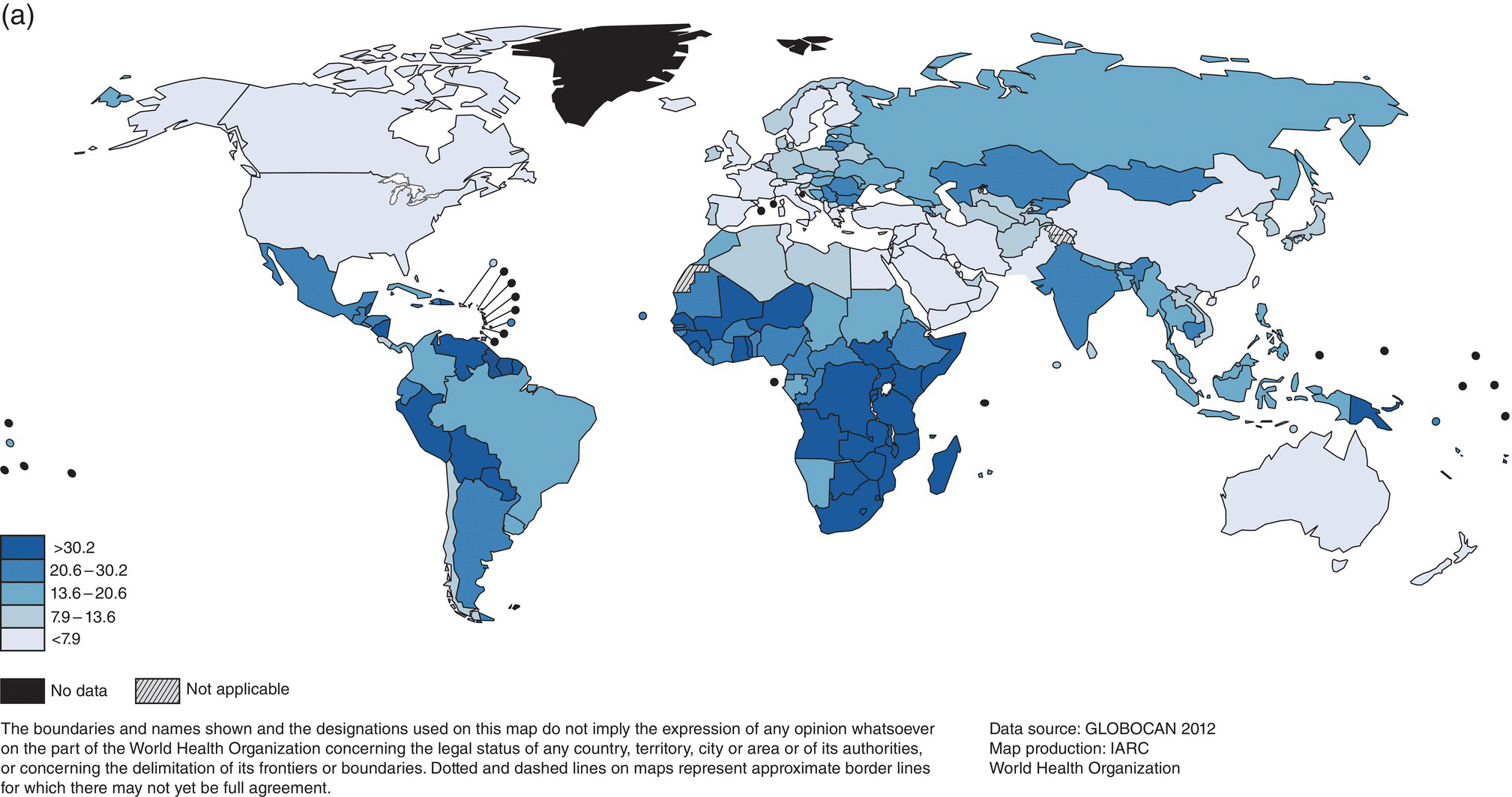 World map depicting age‐standardized incidence per 100 000 women displaying shaded areas representing no data, not applicable, >17.5, 9.8–17.5, 5.8–9.8, 2.4–5.8, and <2.4 (dark to light shades).