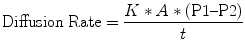 
$$ \mathrm{Diffusion}\;\mathrm{Rate}=\frac{K*A*\left(\mathrm{P}1\hbox{--} \mathrm{P}2\right)}{t} $$
