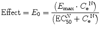 
$$ \mathrm{Effect}={E}_0=\frac{\left({E}_{\max}\cdot {C_{\mathrm{e}}}^{\mathrm{N}}\right)}{\left({\mathrm{EC}}_{50}^N+{C_{\mathrm{e}}}^{\mathrm{N}}\right)} $$
